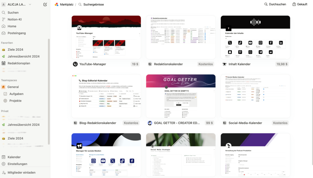 Notion Vorlagenbibliothek. Verschiedene Möglichkeiten, die Notion für die Content Planung anbietet. 